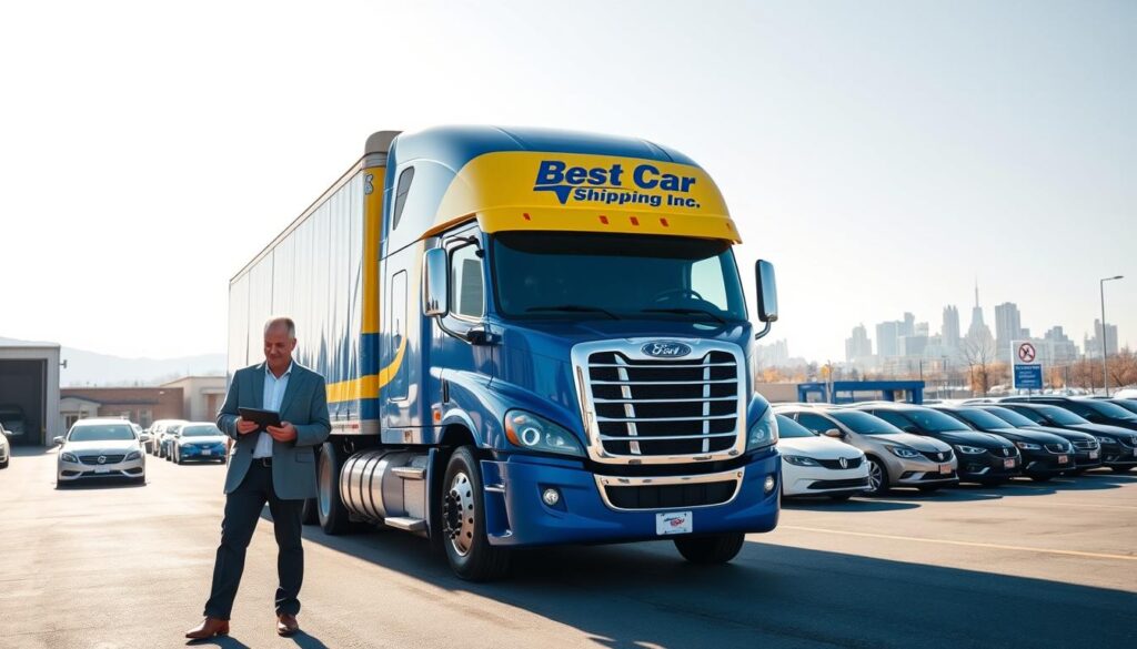 A bustling auto transport service setting in Central City, Kentucky, showcasing a vibrant blue and yellow truck from "Best Car Shipping Inc" prominently parked at the forefront. In the foreground, a friendly professional dressed in business attire stands next to the truck, reviewing transport schedules on a tablet. The middle ground features rows of well-maintained vehicles neatly lined up, ready for shipment, surrounded by a clean, organized lot with signage indicating reliable services. In the background, a clear, sunny sky brightens the scene, with the silhouette of Central City's skyline creating a welcoming atmosphere. Soft, natural lighting enhances the professional ambiance, while a slight angle from below highlights the truck and vehicles, conveying dependability and readiness to serve customer needs effectively.