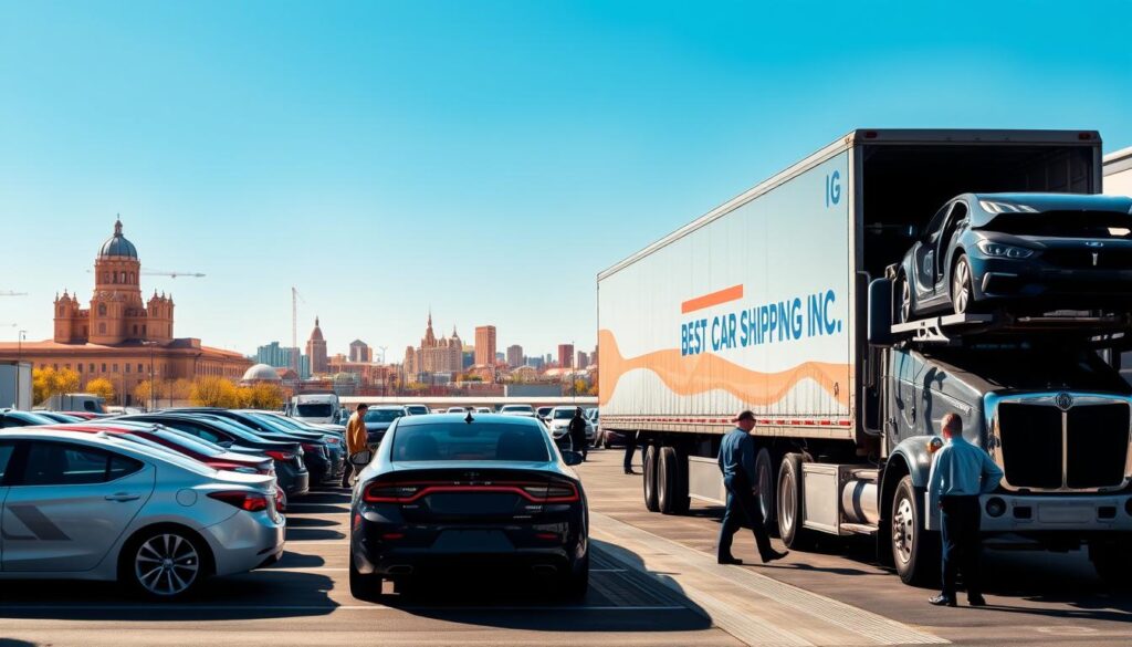 A bustling auto transport terminal in Florence, Kentucky with a focus on car shipping operations. In the foreground, a variety of cars, including sedans and SUVs, are lined up on a loading dock, ready for shipment. Professional workers in business attire oversee the loading process, ensuring safety and efficiency. The middle ground features a large shipping truck equipped with car carriers, partially loaded with vehicles. In the background, a clear blue sky enhances the scene, while iconic landmarks of Florence, Kentucky, subtly punctuate the skyline. The lighting is bright and natural, creating a lively atmosphere, perfect for showcasing the efficiency of car shipping in this region. Include the brand name "Best Car Shipping Inc" prominently on the side of the shipping truck, ensuring a professional presentation.