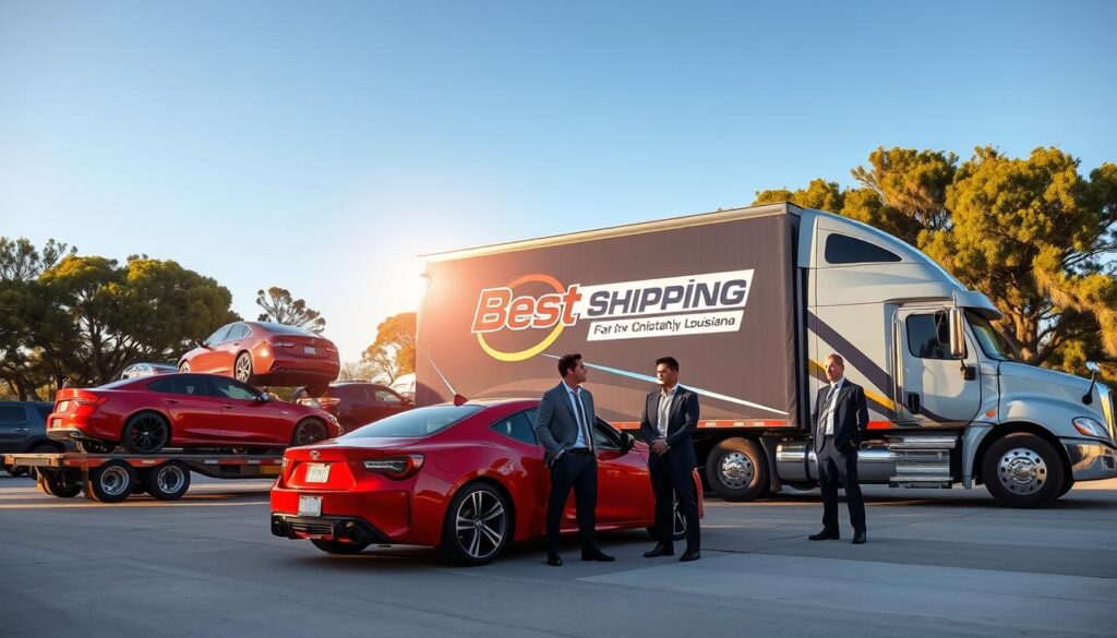 A bustling auto transport yard in Breaux Bridge, Louisiana, illustrating "Best Car Shipping Inc" as the central focus. In the foreground, a sleek, professional-looking transport truck, painted in bold colors, is loading an array of vehicles, including a bright red sports car and a family SUV. In the middle, attentive employees in smart uniforms are guiding the loading process, displaying professionalism and expertise. The background features a clear blue sky and verdant trees typical of Louisiana, with the company's logo prominently displayed on the truck. Golden sunlight casts inviting, soft shadows, enhancing a mood of reliability and efficiency. The image captures a dynamic yet organized scene, showcasing the company's commitment to safe and dependable car shipping.