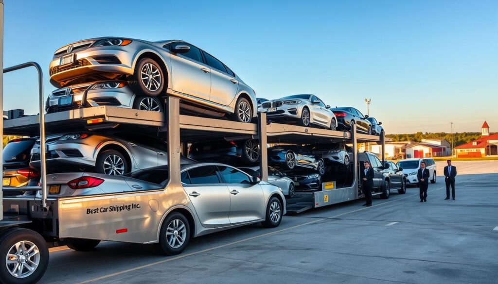 A bustling auto transport yard in Carencro, Louisiana, showcasing a diverse fleet of vehicles ready for shipping. In the foreground, a shiny, modern car hauler with multiple tiers loaded with various cars, including sedans and SUVs, emphasizing reliability in transport. In the middle ground, professional drivers in neat business attire coordinate the loading process, ensuring efficient service. The background features a clear blue sky and expansive landscape typical of Louisiana, with subtle hints of greenery and local architecture, giving a sense of place. Soft sunlight bathes the scene, enhancing the warmth and professionalism of the setting. The brand name "Best Car Shipping Inc" is subtly displayed on the car hauler's side, reinforcing trust and quality in auto transport services.
