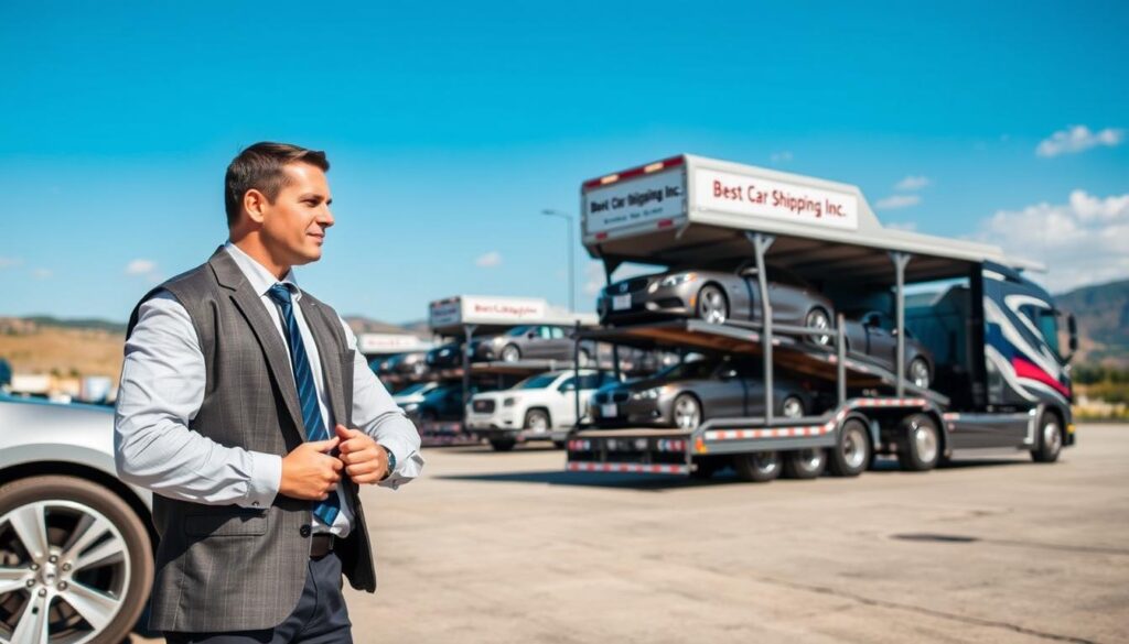 A bustling auto transport yard in Morgantown, Kentucky, showcasing a fleet of modern car shipping trucks branded with "Best Car Shipping Inc." In the foreground, a professional driver in smart business attire inspects a sleek vehicle, promoting safety and attention to detail. The middle ground features several cars loaded onto transport trailers, with one truck driving away, symbolizing efficiency in car shipping. The background presents a clear blue sky with a hint of rolling hills, representing the local landscape. The lighting is bright and natural, capturing the essence of a sunny day, enhancing the professionalism and reliability of the transport service. The overall atmosphere conveys a sense of trust and dedication in auto transport logistics.