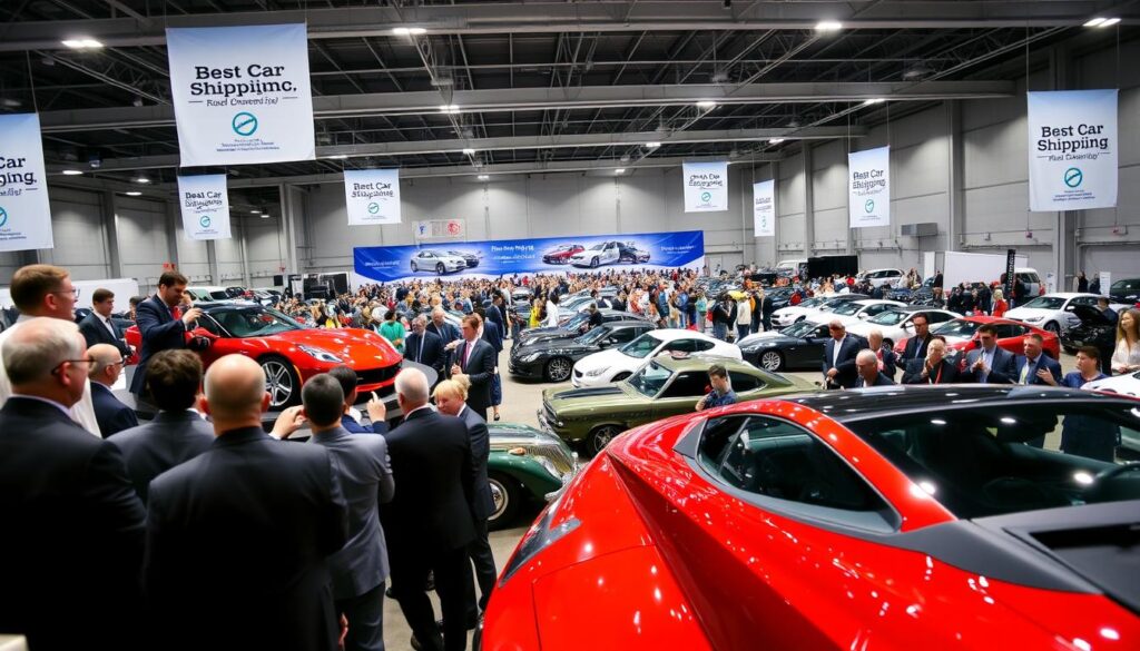 A bustling car auction scene inside a large, well-lit convention center. In the foreground, a diverse group of professionally dressed attendees, including men and women in business suits, are enthusiastically bidding on a shiny red sports car on a raised platform. In the middle ground, rows of varied automobiles, from classic muscle cars to modern electric vehicles, are meticulously arranged for auction, with excited participants inspecting them closely. The background features large banners of "Best Car Shipping Inc" prominently displayed, contributing to the lively atmosphere. The lighting is bright and dynamic, highlighting the glossy finishes of the cars. The angle captures the action from a slightly elevated perspective, emphasizing the excitement and competitive energy in the room.