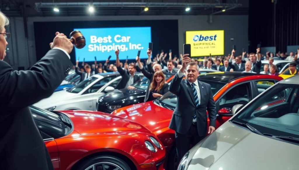 A bustling car auction scene, showcasing a diverse range of cars lined up for bidding. In the foreground, a well-dressed auctioneer gestures passionately with a gavel, while attendees in professional business attire raise paddles to bid, expressing excitement and urgency. In the middle ground, shiny cars reflect sunlight, highlighting rich colors and unique designs. The atmosphere is filled with anticipation and competitiveness, evident in the expressions of bidders. In the background, a digital screen displays the auction details, subtly featuring the brand "Best Car Shipping Inc." The lighting is bright and dramatic, emphasizing the polished surfaces of the vehicles. A wide-angle view captures the bustling energy of the event, creating a sense of immediacy that underscores the time-sensitive nature of shipping cars after an auction win.