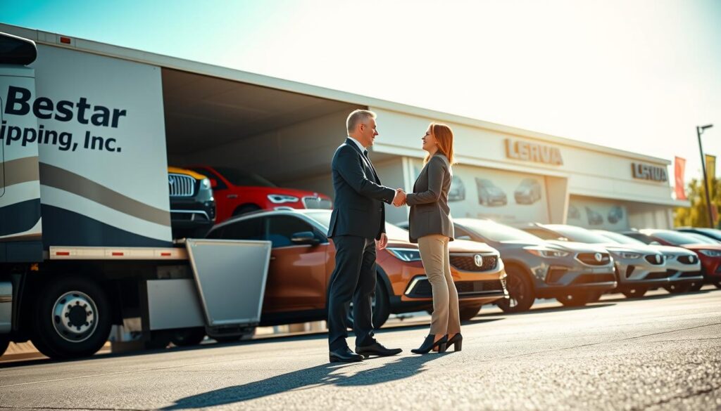 A bustling car dealership delivery scene set against a sunny day in the United States. In the foreground, a sleek, modern truck from "Best Car Shipping Inc" is parked, showcasing a variety of colorful new cars ready for transport. Two professional figures, a man and a woman in smart business attire, are shaking hands, discussing the shipment details. The middle ground features rows of shiny vehicles, highlighting SUVs and sedans gleaming under bright sunlight. In the background, the dealership building is contemporary, adorned with banners and signage indicating the brand. The atmosphere is vibrant and dynamic, conveying a sense of professionalism and efficiency. Shot from a low angle with bright, natural lighting to accentuate the cars’ features and create a welcoming feel.