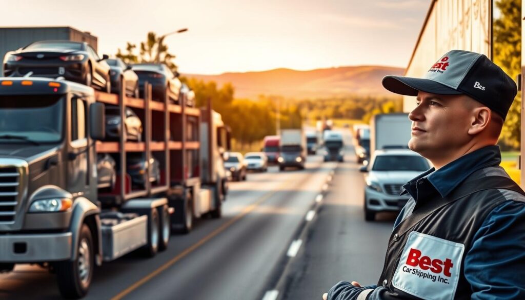 A bustling car shipping and auto transport hub in Somerset, Kentucky, featuring an array of trucks loaded with vehicles ready for transport. In the foreground, a professional driver wearing a company uniform from "Best Car Shipping Inc" is inspecting a truck. In the middle ground, smoothly paved roads lined with trees showcase the dynamic flow of vehicles, capturing the vibrancy of local transport activity. In the background, the scenic hills of Kentucky create a picturesque backdrop, illuminated by soft, golden sunlight, evoking a sense of reliability and professionalism. The overall atmosphere conveys efficiency and trust in auto transport services, with a focus on the essence of car shipping in a vibrant rural setting.