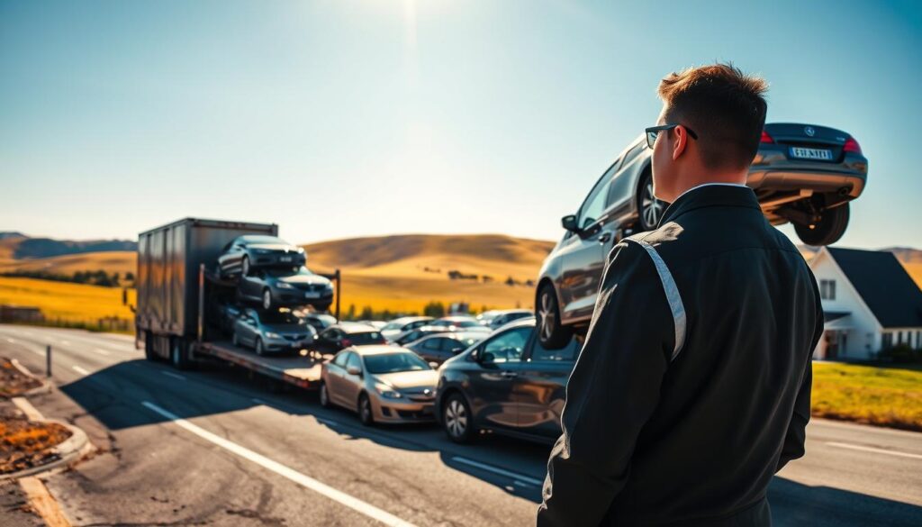 A bustling car shipping and auto transport scene in Iowa, Louisiana. In the foreground, a professional driver in a smart uniform inspects a gleaming transport truck loaded with various vehicles, showcasing impeccable condition. The middle ground features the vibrant landscape of Iowa, with neatly lined vehicles ready for shipment under a clear blue sky. To the background, gently rolling hills and a few charming local buildings evoke a sense of community. The lighting is warm and inviting, casting soft shadows, while the angle captures the full breadth of the transport setup. The atmosphere is industrious yet friendly, highlighting the reliability and professionalism of "Best Car Shipping Inc." as a leader in the car shipping industry. A bustling car shipping and auto transport scene in Iowa, Louisiana. In the foreground, a professional driver in a smart uniform inspects a gleaming transport truck loaded with various vehicles, showcasing impeccable condition. The middle ground features the vibrant landscape of Iowa, with neatly lined vehicles ready for shipment under a clear blue sky. To the background, gently rolling hills and a few charming local buildings evoke a sense of community. The lighting is warm and inviting, casting soft shadows, while the angle captures the full breadth of the transport setup. The atmosphere is industrious yet friendly, highlighting the reliability and professionalism of "Best Car Shipping Inc." as a leader in the car shipping industry.