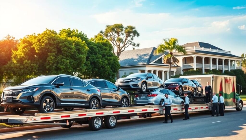 A bustling car shipping and auto transport scene in Jeanerette, Louisiana. In the foreground, a sleek, modern car carrier trailer is parked, showcasing a variety of cars in pristine condition, ready for transport. Workers in professional business attire are efficiently loading vehicles, with a focused, collaborative atmosphere. The middle ground features lush greenery typical of Louisiana, with traditional southern architecture, including houses with wide porches and vibrant colors. In the background, a clear blue sky and soft, warm sunlight illuminate the scene, casting gentle shadows and creating a serene yet industrious mood. Prominently displayed on the trailer is the brand name "Best Car Shipping Inc," reflecting their commitment to professional service. Capture this dynamic transport activity from a slightly elevated angle to emphasize the action and the company's branding.