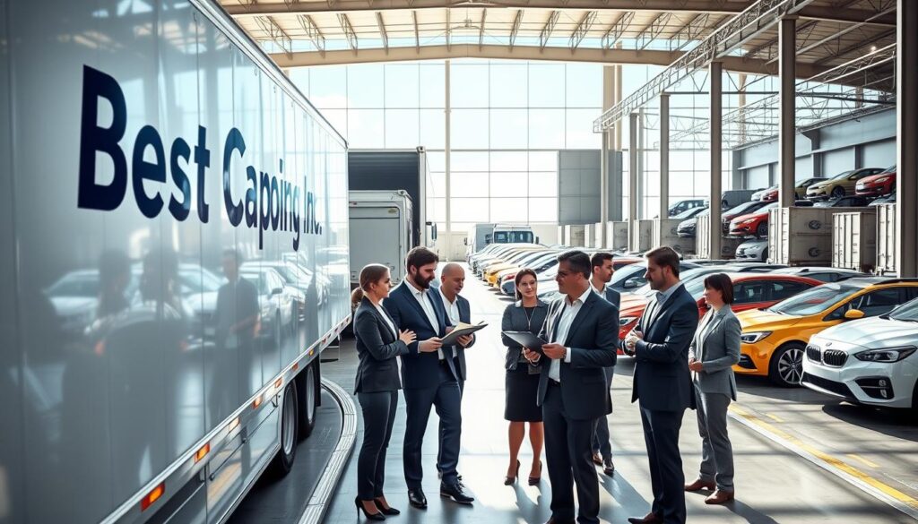 A bustling car shipping company scene featuring "Best Car Shipping Inc." prominently displayed on the side of a sleek transport truck in a professional, modern office environment. In the foreground, a diverse group of business professionals, wearing smart casual attire, are discussing logistics while reviewing documents on a tablet. The middle ground showcases a meticulously organized warehouse with rows of cars ready for shipment, along with shipping containers and loading equipment. In the background, a bright blue sky contrasts against the vibrant colors of the cars. The scene is well-lit with natural daylight pouring in through large windows, creating an atmosphere of efficiency and professionalism. The image should convey reliability and trustworthiness in auto transport services focused on Newport, Kentucky.