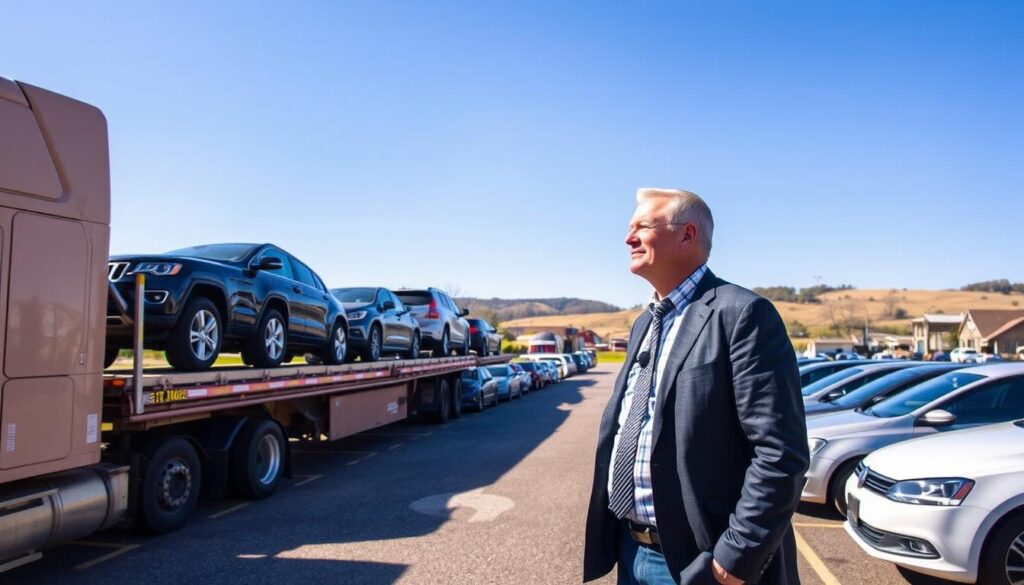 A bustling car shipping hub in Lancaster, Kentucky, featuring a transport truck loaded with various vehicles, showcasing the process of auto transport. In the foreground, a well-dressed professional from Best Car Shipping Inc. discusses logistics with a customer, both appearing engaged and friendly. The middle ground displays rows of parked cars ready for shipping, with a bright blue sky overhead. The background features the local landscape, highlighting rolling hills and small-town buildings. Soft, natural lighting casts gentle shadows, creating an inviting atmosphere. The scene is captured from a slightly elevated angle, emphasizing the scale of the operation while promoting a sense of expertise in car shipping and transport services.