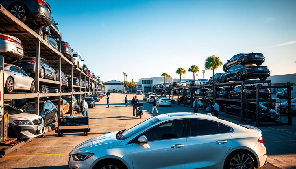 A bustling car shipping hub in Metairie, Louisiana, showcasing a variety of vehicles stacked on multi-tiered transport trucks. In the foreground, a sleek white car bearing the logo of "Best Car Shipping Inc" is parked prominently near the entrance of the hub. The middle ground features busy workers in professional attire, inspecting and loading vehicles onto conveyors. In the background, a network of loading docks and office buildings is visible against a clear blue sky, with palm trees swaying lightly in the breeze. The scene is bathed in warm, natural sunlight, highlighting the detailed textures of the vehicles and the activity of the workers. The overall atmosphere conveys efficiency and reliability in the auto transport industry.