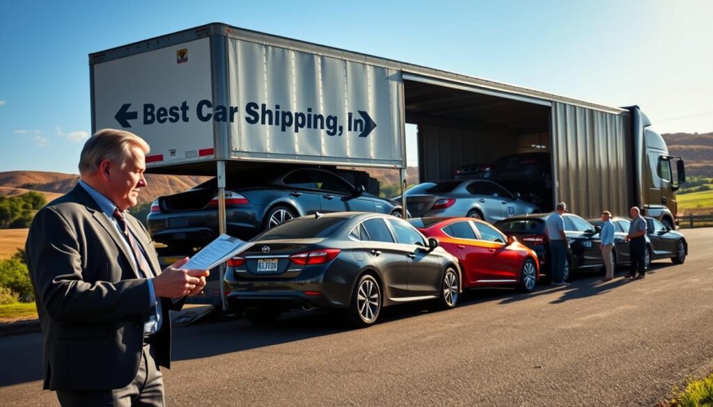A bustling car shipping hub in Stanford, Kentucky, showcasing multiple vehicles being loaded and unloaded from a large, well-maintained transport truck labeled "Best Car Shipping Inc." In the foreground, a professional in business attire oversees the process, clipboard in hand, ensuring everything runs smoothly. The middle ground features an array of colorful cars, like sedans and SUVs, parked neatly alongside the transport truck, with workers in modest casual clothing handling the logistics. In the background, the Kentucky landscape provides a scenic backdrop, with gentle rolling hills and vibrant greenery under a clear blue sky, bathed in warm afternoon sunlight. The mood is efficient and professional, emphasizing reliability and expertise in car shipping and auto transport. A bustling car shipping hub in Stanford, Kentucky, showcasing multiple vehicles being loaded and unloaded from a large, well-maintained transport truck labeled "Best Car Shipping Inc." In the foreground, a professional in business attire oversees the process, clipboard in hand, ensuring everything runs smoothly. The middle ground features an array of colorful cars, like sedans and SUVs, parked neatly alongside the transport truck, with workers in modest casual clothing handling the logistics. In the background, the Kentucky landscape provides a scenic backdrop, with gentle rolling hills and vibrant greenery under a clear blue sky, bathed in warm afternoon sunlight. The mood is efficient and professional, emphasizing reliability and expertise in car shipping and auto transport.