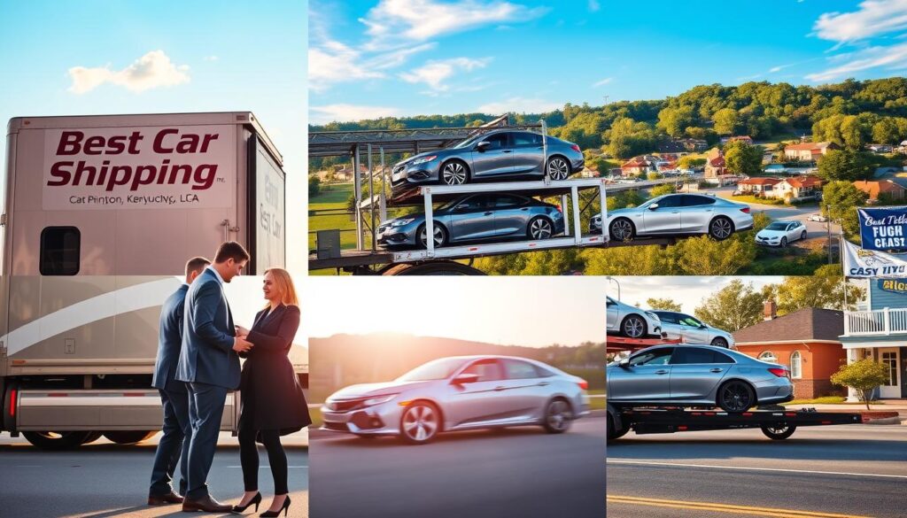 A bustling car shipping scene in Princeton, Kentucky, featuring a professional transport truck with the logo "Best Car Shipping Inc" clearly visible. In the foreground, a diverse team of two individuals – one man in a business suit and one woman in smart casual attire – inspecting a vehicle being offloaded from the truck. The middle section showcases the truck with multiple cars securely loaded, highlighting various models reflecting a mix of classic and modern designs. In the background, scenic views of Princeton with lush greenery and local architecture, under a bright blue sky with soft, warm lighting. The overall mood is vibrant and professional, capturing the essence of reliable car shipping services in a friendly, small-town atmosphere.
