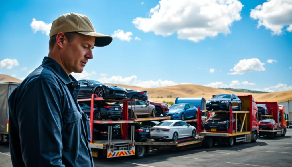 A bustling car shipping terminal in Ashland, Kentucky, showcasing a fleet of cars loaded onto vibrant transport trucks ready for delivery. In the foreground, a professional-looking driver in a crisp uniform inspects a car, emphasizing the care and attention to detail of Best Car Shipping Inc. In the middle ground, multiple trucks are parked in an organized fashion, with different model cars securely strapped in place, reflecting a sense of reliability and efficiency. The background features a clear blue sky with a few fluffy clouds, and the outlines of Kentucky's rolling hills creating a serene atmosphere. Soft, natural lighting emphasizes the scene, with a slight focus on the driver, capturing the essence of dependable auto transport. No text or branding on trucks; just a focus on the car shipping process.