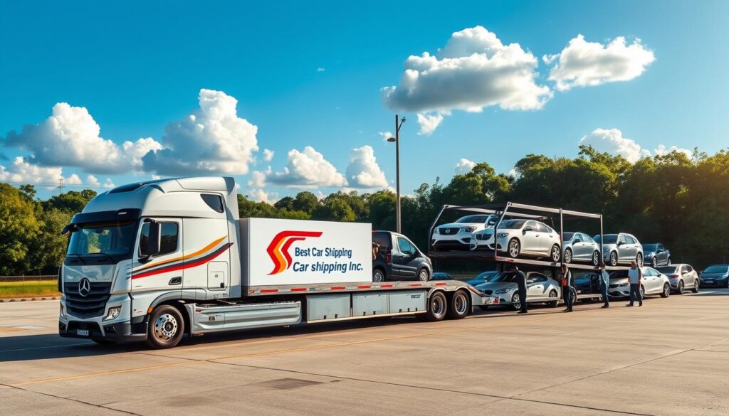 A bustling car shipping terminal in Baker, Louisiana, showcasing an array of vehicles ready for transport. In the foreground, a state-of-the-art car carrier truck, branded with "Best Car Shipping Inc," is parked, displaying clean lines and vibrant colors. In the middle ground, workers in professional attire are carefully loading cars onto the truck, conveying a sense of organized efficiency. The background features a bright blue sky with fluffy white clouds, and the lush greenery typical of Louisiana. The scene is well-lit, with the golden glow of late afternoon sun enhancing the colors and casting subtle shadows. Aim for a professional, trustworthy atmosphere that reflects reliability in auto transport.