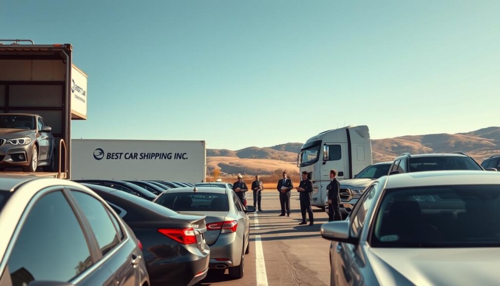 A bustling car shipping terminal in Berea, Kentucky, showcasing seamless auto transport services. Foreground features a row of well-maintained vehicles, including sedans and trucks, waiting to be loaded onto a large transport carrier emblazoned with the brand name "Best Car Shipping Inc." In the middle ground, a team of professionally dressed workers coordinates the loading process with clipboards in hand, ensuring efficient operation. The background reveals a clear blue sky with a hint of rolling hills typical of the Kentucky landscape. Natural lighting highlights the vibrancy of the vehicles and the professionalism of the workers, capturing an atmosphere of reliability and trust in car shipping services. The scene is shot from a slightly elevated angle to provide a comprehensive overview of the operations. A bustling car shipping terminal in Berea, Kentucky, showcasing seamless auto transport services. Foreground features a row of well-maintained vehicles, including sedans and trucks, waiting to be loaded onto a large transport carrier emblazoned with the brand name "Best Car Shipping Inc." In the middle ground, a team of professionally dressed workers coordinates the loading process with clipboards in hand, ensuring efficient operation. The background reveals a clear blue sky with a hint of rolling hills typical of the Kentucky landscape. Natural lighting highlights the vibrancy of the vehicles and the professionalism of the workers, capturing an atmosphere of reliability and trust in car shipping services. The scene is shot from a slightly elevated angle to provide a comprehensive overview of the operations.