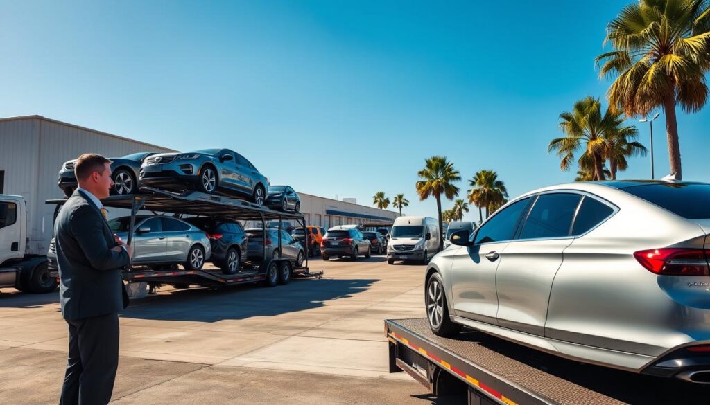 A bustling car shipping terminal in Broussard, Louisiana during a bright, sunny day. In the foreground, a professional representative from Best Car Shipping Inc, dressed in business attire, interacts with a customer near a shiny, modern car on a transport trailer. The middle ground features several car carriers loaded with various vehicles—sedans, SUVs, and trucks stacked safely. In the background, large logistic warehouses and palm trees provide a Southern ambiance, while a clear blue sky emphasizes the warm atmosphere. Soft, natural lighting highlights the detail in both vehicles and the surrounding environment, captured from a slightly elevated angle. The overall mood conveys professionalism and reliability in car shipping and auto transport. A bustling car shipping terminal in Broussard, Louisiana during a bright, sunny day. In the foreground, a professional representative from Best Car Shipping Inc, dressed in business attire, interacts with a customer near a shiny, modern car on a transport trailer. The middle ground features several car carriers loaded with various vehicles—sedans, SUVs, and trucks stacked safely. In the background, large logistic warehouses and palm trees provide a Southern ambiance, while a clear blue sky emphasizes the warm atmosphere. Soft, natural lighting highlights the detail in both vehicles and the surrounding environment, captured from a slightly elevated angle. The overall mood conveys professionalism and reliability in car shipping and auto transport.