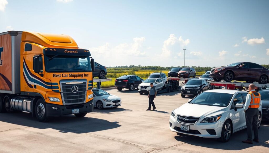 A bustling car shipping terminal in Central, Louisiana, showcasing multiple car carriers loaded with various vehicles ready for transport. In the foreground, a brightly colored truck from "Best Car Shipping Inc" stands prominently, emphasizing reliability and professionalism. The middle ground features rows of vehicles, including sedans and SUVs, all neatly positioned on transport carriers. In the background, vivid Louisiana landscapes with lush greenery and a clear, sunny sky enhance the local atmosphere. Soft, natural lighting bathes the scene, highlighting the vehicles' glossy finishes and the busy activity of workers in professional attire checking shipments. The overall mood is efficient and organized, embodying trust in auto transport services.