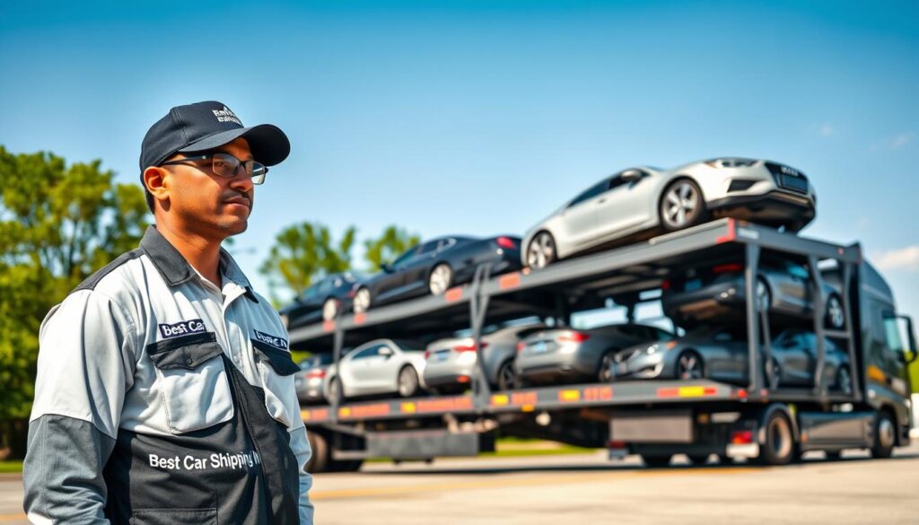 A bustling car shipping terminal in Golden Meadow, Louisiana, featuring a sleek truck loaded with pristine vehicles ready for transport. In the foreground, a professional driver in a branded uniform from “Best Car Shipping Inc” inspects the shipment, highlighting dedication and reliability. The middle ground captures rows of shiny cars stacked securely on a car carrier, symbolizing efficiency and care during transit. The background showcases the picturesque scenery of Golden Meadow, with lush green trees and a clear blue sky, emphasizing the local charm. Soft, natural lighting illustrates the scene with a warm, inviting atmosphere. A low-angle shot creates a dynamic perspective that enhances the scale of the operation and emphasizes the significance of professional car shipping services.