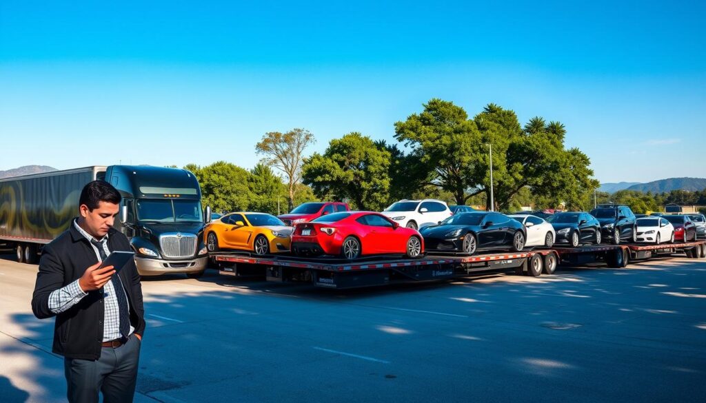 A bustling car shipping terminal in Haughton, Louisiana, showcasing a row of elegantly lined transport trucks loaded with vibrant, various makes and models of cars ready for shipping. In the foreground, a professional employee from Best Car Shipping Inc, dressed in business attire, checks paperwork on a tablet, exuding reliability and expertise. The middle ground features the transport trucks parked under a clear blue sky, casting soft shadows on the asphalt. In the background, trees typical of Louisiana offer lush greenery, with distant hills subtly blending into the horizon. The lighting is bright and natural, captured from a low angle to emphasize the scale of the trucks and cars. The atmosphere conveys efficiency and professionalism, highlighting a trustworthy car shipping service.