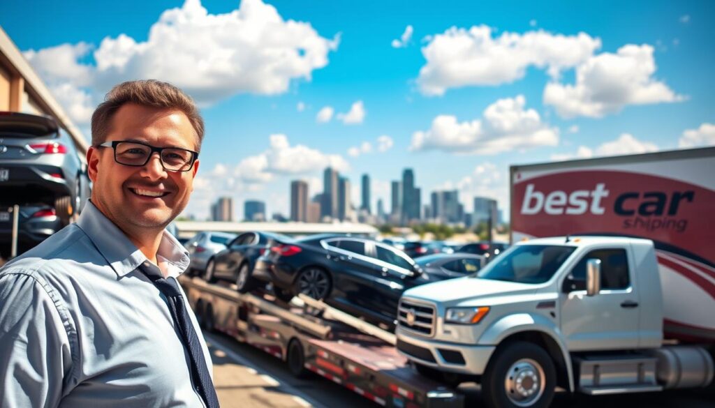 A bustling car shipping terminal in Kenner, Louisiana, showcasing a variety of vehicles being loaded onto large transport trucks. In the foreground, a friendly agent in professional business attire oversees the loading process, ensuring everything runs smoothly. The middle ground features several parked car carriers, with shiny cars being securely fastened for transport. The background reveals the vibrant Kenner skyline under a bright blue sky, with fluffy white clouds drifting above. The scene is bathed in warm, natural sunlight to create an inviting atmosphere. The brand name "Best Car Shipping Inc" is subtly integrated into the design of one of the transport trucks. The image captures the essence of professionalism and efficiency in auto transport.