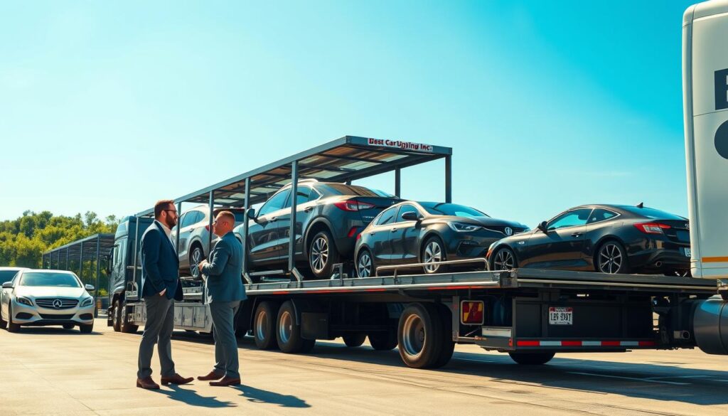 A bustling car shipping terminal in Lafayette, Louisiana, showcasing a mix of vehicles ready for transport. In the foreground, two professional businesspeople in smart attire discuss logistics next to a large car carrier truck emblazoned with the brand name "Best Car Shipping Inc." In the middle, an array of cars, including sedans, SUVs, and trucks, lined up on the transport vehicle, reflecting the bright Louisiana sun. The background features a clear blue sky and the lush greenery typical of the region, creating an inviting atmosphere. The scene is captured from a slightly elevated angle, focusing on the dynamic activity, with warm, natural lighting enhancing the professionalism and reliability of the car shipping industry.