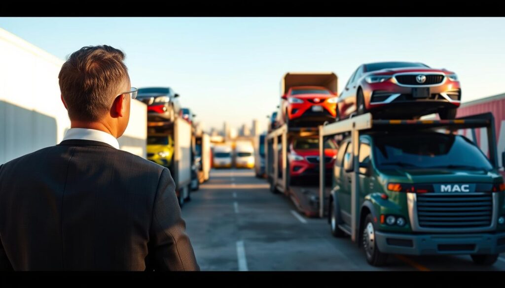 A bustling car shipping terminal in Lake Charles, Louisiana, featuring multiple transport trucks loaded with vehicles, showcasing a variety of cars in vibrant colors. In the foreground, a well-dressed professional from Best Car Shipping Inc oversees the loading process, ensuring meticulous attention to detail. In the middle ground, transport trucks lined up under clear blue skies, with the Lake Charles cityscape faintly visible in the background, reflecting the essence of a thriving transport hub. The scene is illuminated by warm sunlight, casting soft shadows that add depth and dimension. The atmosphere conveys a sense of efficiency and professionalism, highlighting the dynamic nature of car shipping and auto transport services in the region.