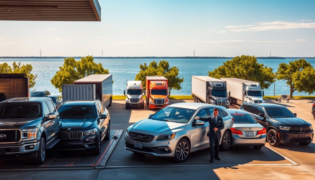 A bustling car shipping terminal in Lake Charles, Louisiana, showcasing a variety of vehicles ready for transport. In the foreground, several cars—including trucks and sedans—are lined up on a loading dock, with a friendly professional representative from Best Car Shipping Inc wearing business attire, overseeing operations. The middle ground features large shipping containers and transport trucks parked, emphasizing the scale of the operation. In the background, the tranquil waters of Lake Charles shimmer under a clear blue sky, framed by lush green trees, suggesting a serene environment. The scene is bathed in warm afternoon sunlight, enhancing the vivid colors and creating a dynamic, inviting atmosphere, perfect for depicting a prime hub for reliable car shipping.