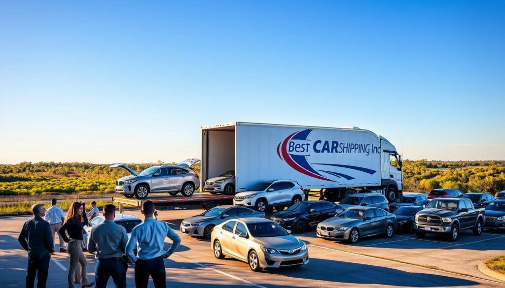 A bustling car shipping terminal in New Iberia, Louisiana, showcasing the process of vehicle transport. In the foreground, a diverse team of professionals in business attire oversees the loading and unloading of vehicles onto a large, modern transport truck emblazoned with the logo of "Best Car Shipping Inc." In the middle ground, rows of various cars—sedans, SUVs, and trucks—are organized, with some being secured for transit under clear blue skies. The background features a vibrant Louisiana landscape, including lush greenery and a hint of the bayou, bathed in warm, golden afternoon light. The mood is efficient and cooperative, reflecting reliability and professionalism in the auto transport industry, captured with a slightly elevated angle to convey a sense of action and organization.