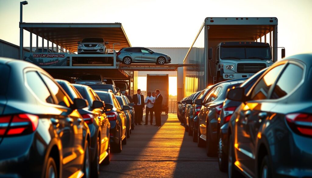 A bustling car shipping terminal in West Monroe, Louisiana, during the golden hour, with warm sunlight casting a soft glow. In the foreground, neatly lined up vehicles ready for transport, including sedans, SUVs, and trucks displaying the brand "Best Car Shipping Inc" on their sides. The middle ground features a professional team in business attire attending to paperwork and overseeing operations, ensuring the smooth loading of cars onto a large transport truck. In the background, a clear blue sky above the terminal contrasts with the colorful cars. The atmosphere is industrious yet organized, capturing the essence of car shipping logistics in a vibrant community. The composition should have a slight perspective angle, highlighting the vehicles and personnel in action, conveying professionalism and efficiency in car transport.