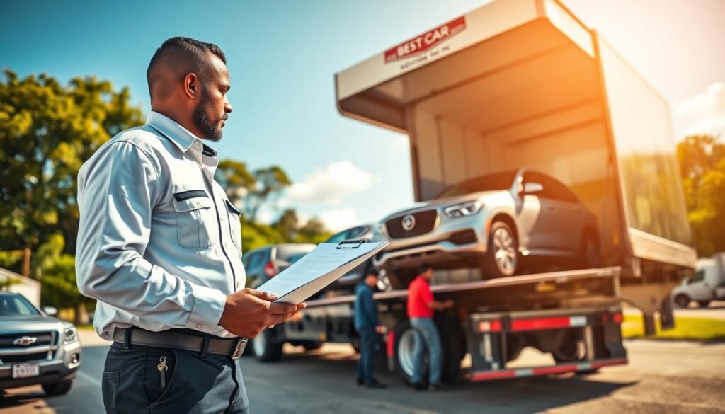 A bustling car shipping yard in Alexandria, Louisiana, with several vehicles being loaded onto a large, open car transport truck marked with the logo "Best Car Shipping Inc." In the foreground, a professional driver in a clean uniform oversees the operation, reviewing paperwork on a clipboard, while in the middle ground, team members carefully secure vehicles, showcasing a mix of cars and trucks. The background features a vibrant Louisiana landscape with lush greenery and a clear blue sky, hinting at the regional charm. The scene is illuminated by warm, natural daylight, creating an inviting and reliable atmosphere. The angle is slightly elevated, capturing the dynamic activity of the yard while maintaining focus on the shipping operations. This depiction emphasizes professionalism and trust in auto transport services.