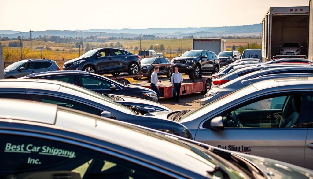 A bustling car shipping yard in Brandenburg, Kentucky, showcasing a variety of vehicles ready for transport. In the foreground, several cars are neatly lined up, gleaming under bright, natural daylight, displaying the brand "Best Car Shipping Inc" on their side. In the middle ground, professional workers in business attire efficiently loading vehicles onto a trailer, conveying a sense of reliability and expertise. The background features a scenic view of Kentucky's rolling hills and a clear blue sky, adding a touch of local charm. The scene captures a dynamic and organized atmosphere, emphasizing the professionalism of the car shipping industry. The angle should be slightly elevated, providing a comprehensive view of the operations with warm, inviting lighting to evoke a trustworthy and dependable vibe.