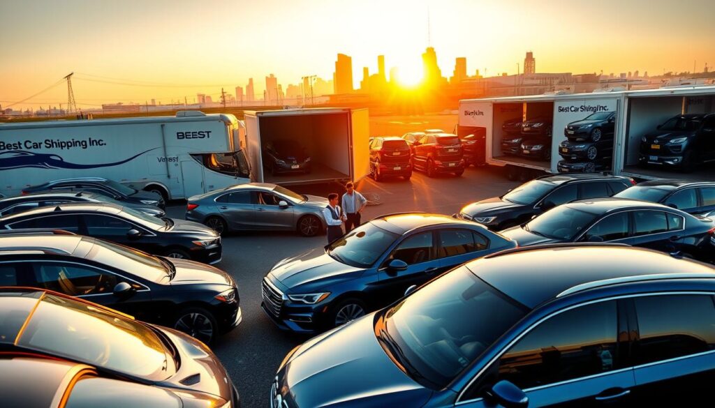 A bustling car shipping yard in Central City, Kentucky, showcasing a variety of vehicles awaiting transport. In the foreground, several cars in various colors, including a shiny blue sedan and a sleek black SUV, are parked closely together. Workers in professional attire are discussing logistics, surrounded by modern car transport trailers emblazoned with the brand name "Best Car Shipping Inc." The middle ground features both open shipping containers and stacks of cars ready for loading, adding to the sense of activity. In the background, Central City’s skyline is faintly visible under a warm golden sunset, casting long shadows and creating a vibrant yet professional atmosphere. The scene is framed with a wide-angle lens, emphasizing the scale of the operations while maintaining a focus on the cars and workers, with a soft, warm light enhancing the collaborative mood of the setting.