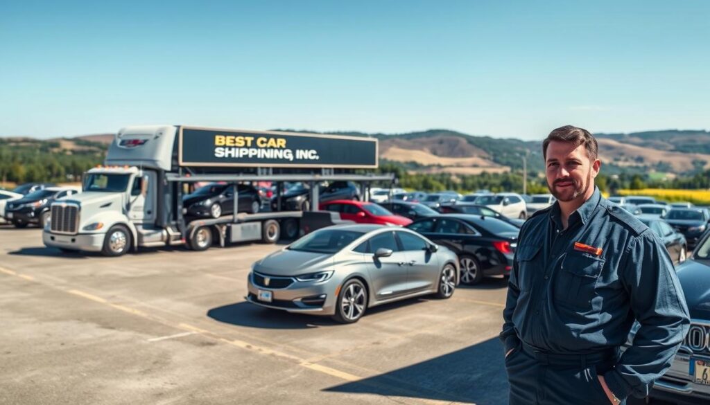 A bustling car shipping yard in Corbin, Kentucky, showcasing a fleet of diverse vehicles ready for transport. In the foreground, a professional truck driver dressed in a crisp uniform stands next to a large car carrier truck, labeled "Best Car Shipping Inc." The middle ground features rows of various cars, including sedans and SUVs, arranged neatly, some being loaded onto the carrier. The background captures the scenic landscape of Kentucky, with rolling hills and a clear blue sky. The scene is illuminated by bright daylight, creating a vibrant and energetic atmosphere, evoking a sense of reliability and professionalism in auto transport. The angle is slightly elevated, providing a comprehensive view of the loading process while emphasizing the efficiency of car shipping operations.