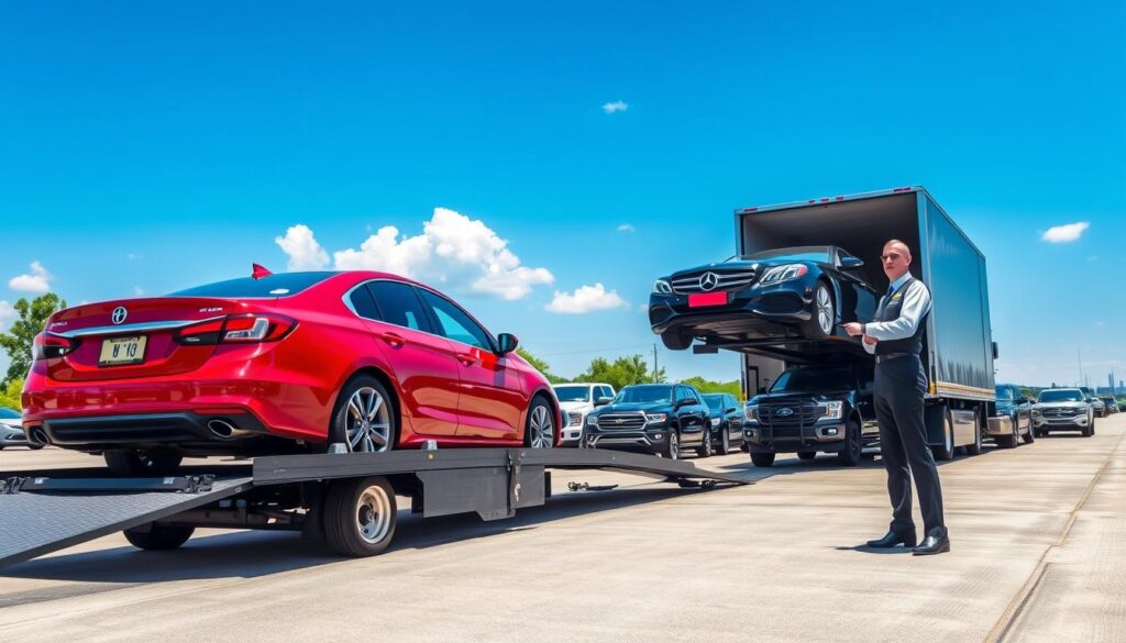 A bustling car shipping yard in Crowley, Louisiana, showcasing multiple vehicles awaiting transport. In the foreground, a shiny red sedan is loaded onto a modern car carrier, with a professional driver in a crisp uniform overseeing the process. The middle ground features a row of diverse vehicles, including trucks and SUVs, parked neatly and ready for shipping. The background reveals a clear blue sky, accented by a few fluffy white clouds, with a subtle hint of the local landscape, such as green trees and a distant view of Crowley’s town skyline. The lighting is bright and natural, emphasizing the activity and efficiency of the shipping process. The scene conveys a sense of professionalism and reliability or the brand "Best Car Shipping Inc." focusing on expert auto transport services. A bustling car shipping yard in Crowley, Louisiana, showcasing multiple vehicles awaiting transport. In the foreground, a shiny red sedan is loaded onto a modern car carrier, with a professional driver in a crisp uniform overseeing the process. The middle ground features a row of diverse vehicles, including trucks and SUVs, parked neatly and ready for shipping. The background reveals a clear blue sky, accented by a few fluffy white clouds, with a subtle hint of the local landscape, such as green trees and a distant view of Crowley’s town skyline. The lighting is bright and natural, emphasizing the activity and efficiency of the shipping process. The scene conveys a sense of professionalism and reliability or the brand "Best Car Shipping Inc." focusing on expert auto transport services.