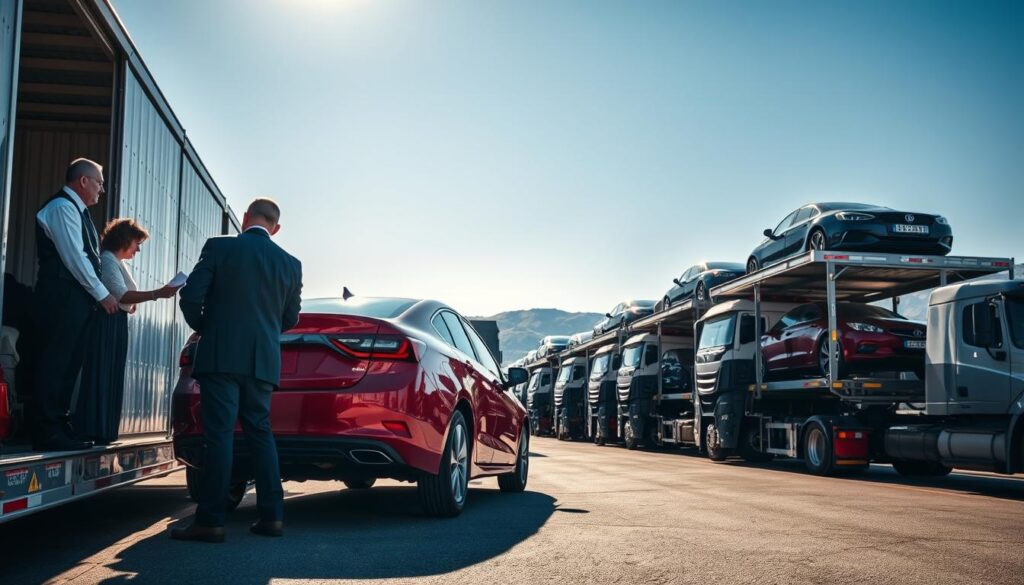 A bustling car shipping yard in Elkton, Kentucky, showcasing a variety of vehicles ready for transport. In the foreground, a professionally dressed team from "Best Car Shipping Inc" inspects a shiny red sedan, ensuring it is secured for loading. The middle ground features a row of car transport trucks with cars loaded on top, reflecting the company's dedication to safe and efficient auto transport. In the background, you can see the rolling hills of Kentucky under a bright blue sky, with soft, natural lighting illuminating the entire scene. The mood is industrious yet organized, conveying reliability and professionalism in car shipping and transport services. Capture this image with a slightly angled perspective to add depth and interest, emphasizing the operational environment.