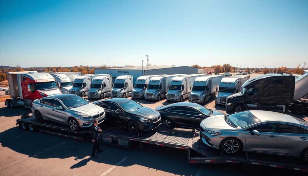 A bustling car shipping yard in Fort Thomas, Kentucky, showcasing a variety of vehicles ready for transport. In the foreground, several cars are lined up on a transport truck, gleaming under the sunlight. Workers in professional business attire meticulously inspect the vehicles, ensuring they are securely loaded. The middle ground features additional transport trucks parked under a clear blue sky, with a few office buildings labeled "Best Car Shipping Inc" in the background. Soft shadows cast by the trucks add depth to the scene. The mood is industrious yet organized, illustrating a reliable car shipping service in action. Camera angle is slightly elevated, capturing the scale of the operation in a vibrant, detailed composition.
