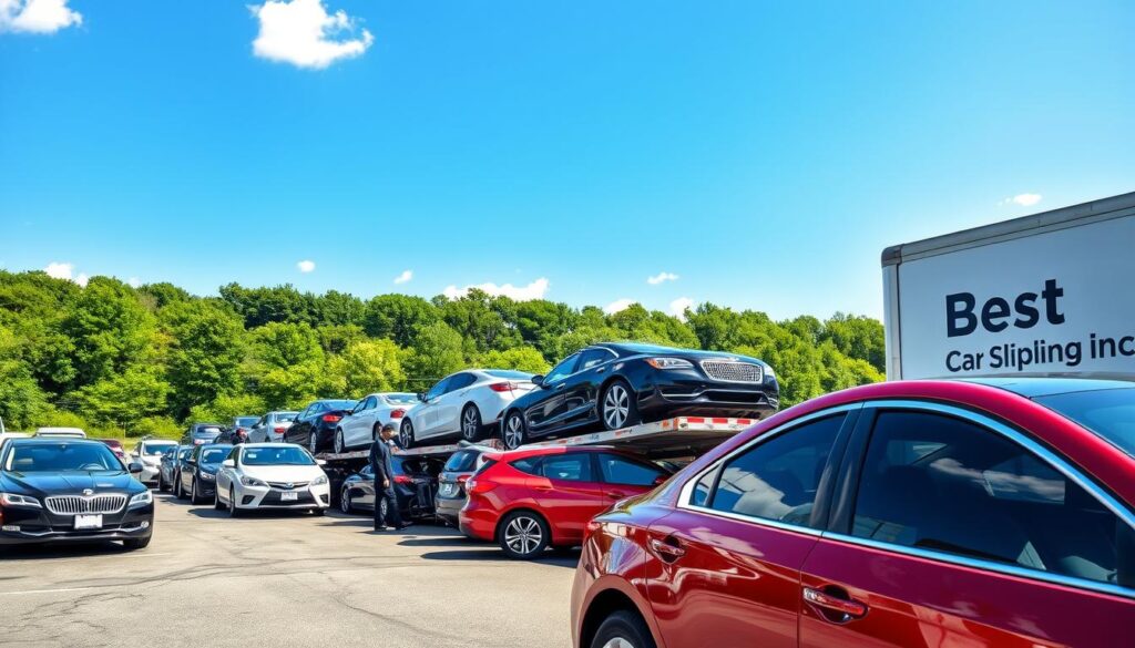 A bustling car shipping yard in Franklin, Kentucky, showcasing a lineup of diverse vehicles ready for transport. In the foreground, a professional worker in neat business attire inspects a shiny, red sedan, emphasizing diligence and care. The middle ground features a transport truck with multiple cars securely loaded, showcasing the efficiency of auto transport. In the background, lush greenery represents the Kentucky landscape under a bright, clear blue sky, symbolizing the region. Soft sunlight casts dynamic shadows, creating a vibrant, energetic atmosphere. The branding "Best Car Shipping Inc" appears on the side of the truck, reinforcing reliability. The image captures the essence of dependable car shipping and auto transport services in a professional and inviting setting.
