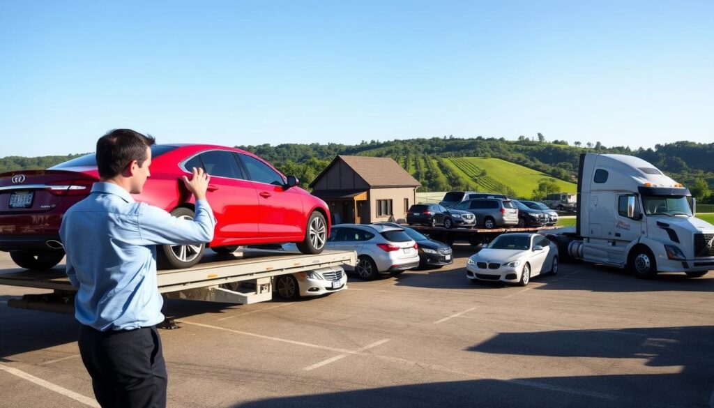 A bustling car shipping yard in Fulton, Kentucky during daylight, showcasing an array of vehicles ready for transport. In the foreground, a professional-looking employee in business attire inspects a shiny red car mounted on a transport truck, emphasizing the meticulous care involved in auto transport. In the middle, several vehicles, including SUVs and sedans, are lined up under a clear blue sky, while a transport truck is loading cars efficiently. The background features the iconic structures of Fulton, such as its historic depot and green landscapes, under soft, natural lighting casting gentle shadows. The scene conveys a sense of reliability and professionalism associated with Best Car Shipping Inc, reflecting the article's focus on dependable car shipping services. A bustling car shipping yard in Fulton, Kentucky during daylight, showcasing an array of vehicles ready for transport. In the foreground, a professional-looking employee in business attire inspects a shiny red car mounted on a transport truck, emphasizing the meticulous care involved in auto transport. In the middle, several vehicles, including SUVs and sedans, are lined up under a clear blue sky, while a transport truck is loading cars efficiently. The background features the iconic structures of Fulton, such as its historic depot and green landscapes, under soft, natural lighting casting gentle shadows. The scene conveys a sense of reliability and professionalism associated with Best Car Shipping Inc, reflecting the article's focus on dependable car shipping services.