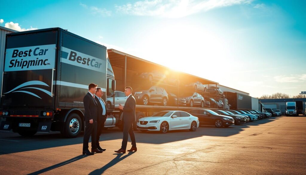 A bustling car shipping yard in Glasgow, Kentucky, featuring various vehicles in transit. In the foreground, a professional-looking male and female team in business attire, discussing logistics beside a sleek transport truck emblazoned with "Best Car Shipping Inc". The middle ground showcases a diverse array of vehicles—sedans, SUVs, and trucks—awaiting shipment, while loaders and transporters are efficiently working in the background. The setting sun casts a warm glow, enhancing the scene with a golden light that reflects off the vehicles, creating a sense of dynamism and professionalism. The atmosphere conveys reliability and trust in auto transport, set against a clear blue sky with hints of clouds, ensuring the scene feels open and inviting. The perspective is slightly elevated to capture the organized chaos of the shipping yard.