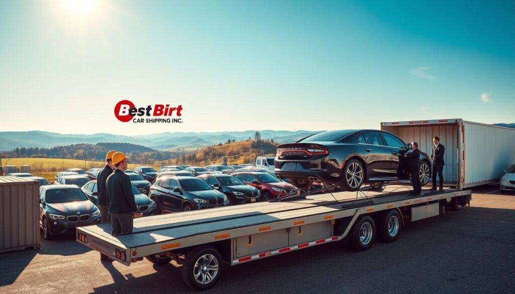 A bustling car shipping yard in Greensburg, Kentucky, featuring a variety of vehicles lined up for transport. In the foreground, a sleek, polished car is being carefully loaded onto a flatbed trailer. Workers, dressed in professional business attire, are coordinating the loading process, showcasing their expertise and diligence. The middle ground captures rows of cars awaiting shipment, surrounded by shipping containers, creating a sense of organized activity. The background reveals the picturesque Kentucky landscape, with rolling hills under a clear blue sky, hinting at a sunny day. Soft rays of sunlight illuminate the scene, enhancing the vibrant colors of the cars. Prominently displayed on the trailer is the logo "Best Car Shipping Inc," emphasizing reliability and professionalism in auto transport. The atmosphere is one of efficiency and trust, reflecting a dependable car shipping experience.