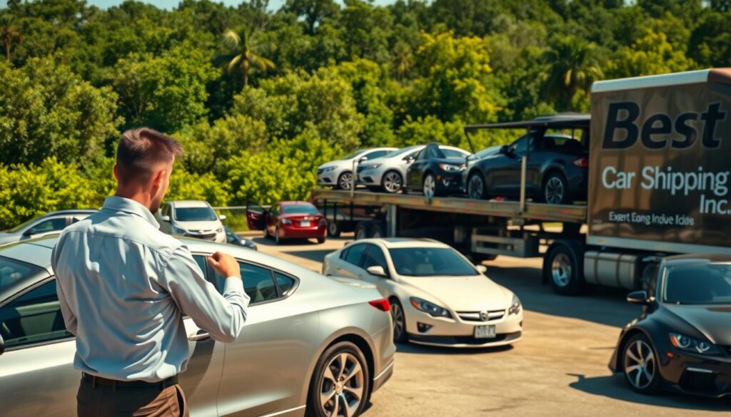 A bustling car shipping yard in Marrero, Louisiana, showcasing an array of vehicles being loaded onto a transport truck. In the foreground, a professional worker in a crisp uniform inspects a sleek car, ensuring its secure placement. The middle ground features a large transport truck with a trailer, filled with various vehicles, while other cars are parked neatly in the yard. The background displays lush greenery typical of Louisiana, with a hint of the bayou under a bright, sunny sky, casting warm light that highlights the scene. The atmosphere is efficient and industrious, embodying the spirit of expert car shipping. Prominently displayed on one side of the truck is the brand name "Best Car Shipping Inc," emphasizing professionalism and service.