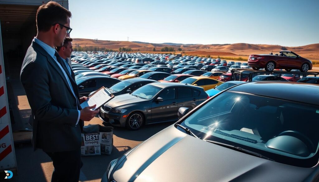A bustling car shipping yard in Monroe, Louisiana, featuring an array of vehicles in vibrant colors lined up meticulously for transport. In the foreground, a professional in business attire is inspecting a gleaming sedan while holding a clipboard. The middle ground showcases intricately arranged car carriers, some loaded with cars ready for shipping. In the background, the Louisiana landscape includes gentle rolling hills and a clear blue sky. The lighting is bright and natural, suggesting midday with soft shadows. The atmosphere is dynamic yet organized, conveying professionalism and efficiency in auto transport. Prominently displayed on one of the car carriers is the logo of "Best Car Shipping Inc," symbolizing reliability in the industry.