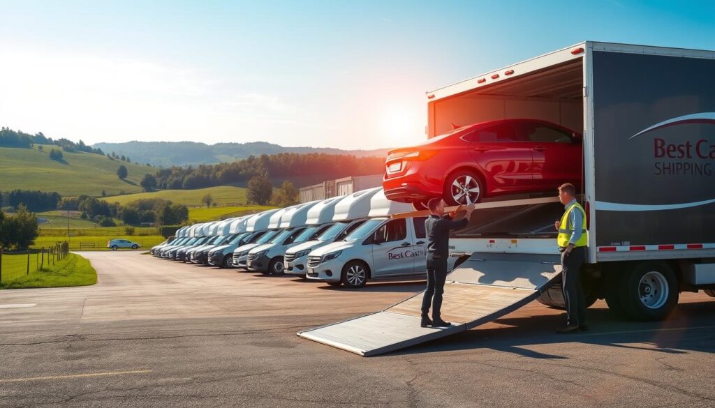 A bustling car shipping yard in Morehead, Kentucky, showcasing a variety of vehicles ready for transport. In the foreground, a bright red sedan is being carefully loaded onto a sleek transport truck, with a well-dressed professional overseeing the process, dressed in safety gear. The middle of the image features multiple transports lined up, showcasing the company logo "Best Car Shipping Inc" prominently on the sides of the trucks. In the background, green rolling hills and a clear blue sky provide a picturesque backdrop, with distant trees creating a sense of tranquility. The lighting is warm and inviting, suggesting a sunny day, while a slight lens flare adds a touch of vibrancy, enhancing the feeling of a reliable and efficient service atmosphere.