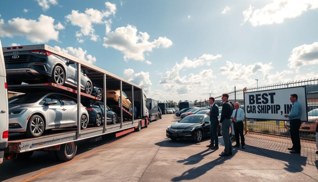 A bustling car shipping yard in Raceland, Louisiana, showcasing a variety of vehicles awaiting transport. In the foreground, an open car carrier truck is neatly loaded with several cars, featuring different colors and makes, representing the diversity of auto transport. In the middle ground, a team of professional workers in business attire carefully inspects vehicles and documents, demonstrating their expertise and attention to detail. The background reveals a bright blue sky with scattered clouds, highlighting the sunny Louisiana climate. Soft sunlight casts gentle shadows, creating an inviting and efficient atmosphere. Prominently displayed on a nearby fence, the brand "Best Car Shipping Inc" adds a touch of professionalism to the scene. The overall mood is industrious yet organized, showcasing the confidence in reliable car shipping services. A bustling car shipping yard in Raceland, Louisiana, showcasing a variety of vehicles awaiting transport. In the foreground, an open car carrier truck is neatly loaded with several cars, featuring different colors and makes, representing the diversity of auto transport. In the middle ground, a team of professional workers in business attire carefully inspects vehicles and documents, demonstrating their expertise and attention to detail. The background reveals a bright blue sky with scattered clouds, highlighting the sunny Louisiana climate. Soft sunlight casts gentle shadows, creating an inviting and efficient atmosphere. Prominently displayed on a nearby fence, the brand "Best Car Shipping Inc" adds a touch of professionalism to the scene. The overall mood is industrious yet organized, showcasing the confidence in reliable car shipping services.