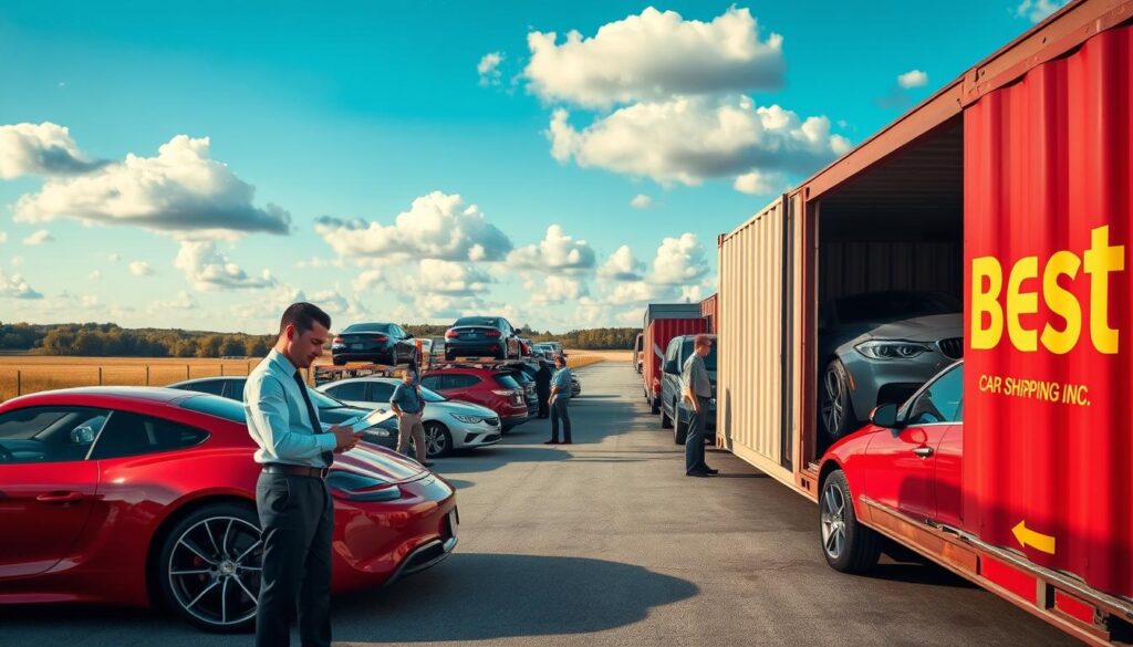 A bustling car shipping yard in Scott, Louisiana, showcasing a variety of vehicles ready for transport. In the foreground, a professional-looking dispatcher in business attire stands beside a gleaming red sports car, checking a clipboard. The middle ground features several car carriers lined up, loaded with a mix of sedans and SUVs, while workers in modest uniforms efficiently secure the vehicles. The background reveals a bright blue sky, dotted with fluffy white clouds, and the silhouette of a Louisiana landscape with lush greenery. Soft, natural lighting casts appealing shadows, enhancing the vibrant colors of the cars. Prominently displayed on a nearby shipping container is the brand name "Best Car Shipping Inc." The atmosphere is industrious yet organized, conveying reliability and professionalism.