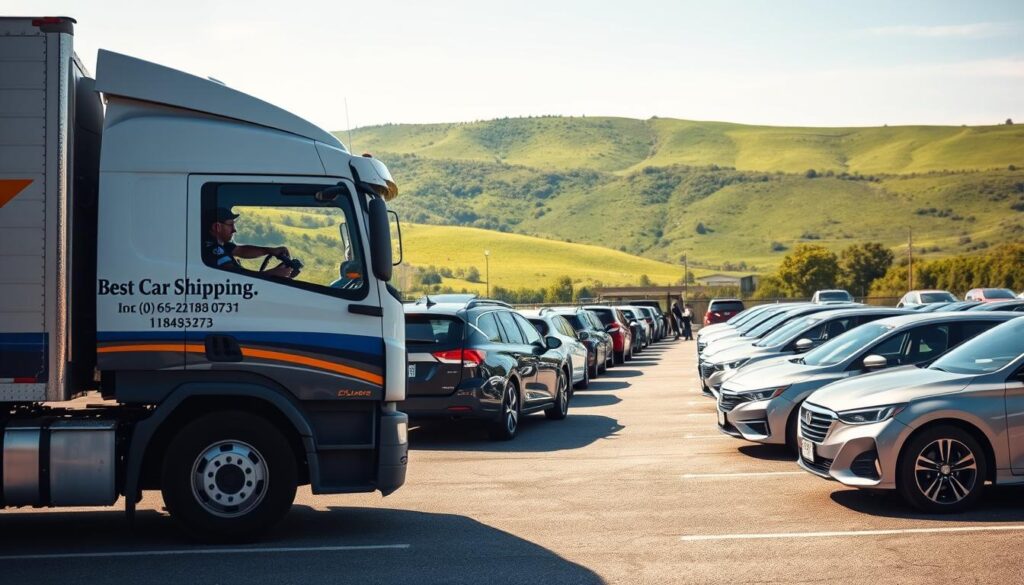 A bustling car shipping yard in Waynesburg, Kentucky, showcasing a fleet of various vehicles ready for transport. In the foreground, a professional car shipping truck labeled "Best Car Shipping Inc" is parked, with its driver in a smart, branded uniform inspecting a vehicle. The middle ground features several cars, including sedans and SUVs, neatly lined up in rows. The background shows the lush Kentucky landscape, with rolling green hills under a clear blue sky. Afternoon sunlight casts soft shadows, creating a warm and inviting atmosphere. The scene is framed with a slight perspective angle to suggest depth, highlighting the organization and professionalism of the car shipping process. Aim for a realistic and dynamic composition that captures the essence of auto transport services in Waynesburg.