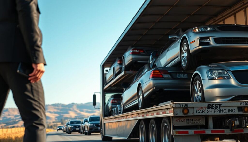 A bustling car transport scene in Murray, Kentucky, featuring a modern car shipping truck loaded with vehicles ready for transport. In the foreground, a professional driver stands beside the truck, wearing smart business attire, showcasing reliability. The middle ground displays a row of various cars, including sedans and SUVs, secured and ready for shipment. In the background, the Kentucky landscape unfolds with rolling hills under a bright blue sky, accentuating the serene yet industrious atmosphere. Soft, natural daylight bathes the scene, creating a warm and inviting mood. The truck prominently features the logo of "Best Car Shipping Inc," enhancing brand recognition. The composition is captured from a slight low angle to emphasize the vehicles and the professionalism of the auto transport industry.