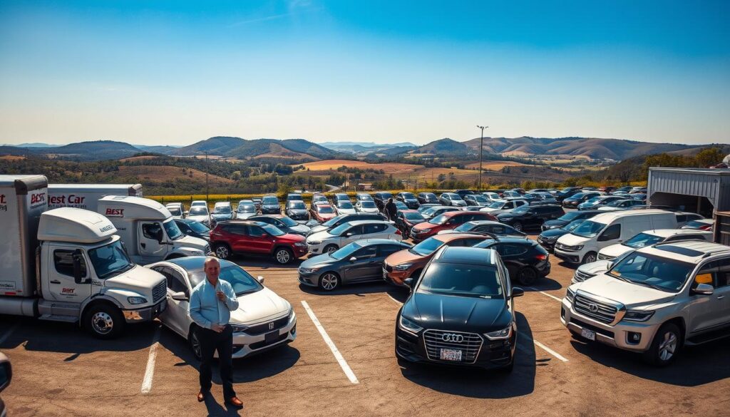 A bustling car transport service area in Prestonsburg, Kentucky, featuring a well-organized lot filled with various vehicles awaiting shipping. In the foreground, a friendly professional in a smart business outfit discusses logistics with a customer, while two transport trucks are strategically parked nearby. The middle ground displays a diverse range of cars, SUVs, and trucks in pristine condition, adorned with the logo of "Best Car Shipping Inc" prominently. In the background, rolling hills of Kentucky can be seen under a clear blue sky, offering a sense of tranquility. The scene is bathed in warm afternoon sunlight, highlighting the importance of reliability in auto transport services. The atmosphere is inviting and professional, capturing the essence of stress-free vehicle shipping in a trusted environment.