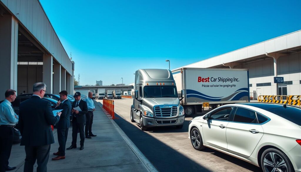 A bustling pickup delivery area for car shipping, featuring a modern loading zone with several cars being serviced. In the foreground, professional staff in business attire are coordinating logistics, checking paperwork, and directing drivers. The middle ground showcases a sleek, newly branded delivery truck with "Best Car Shipping Inc" prominently displayed, parked beside a row of vehicles ready for transport. In the background, a bright blue sky and well-maintained infrastructure, including signage and barriers, contribute to the organized atmosphere. The scene is captured in vibrant daylight, with clear, sharp details, and a slight aerial angle to emphasize the activity. The overall mood is efficient and professional, reflecting a seamless auto transport operation.