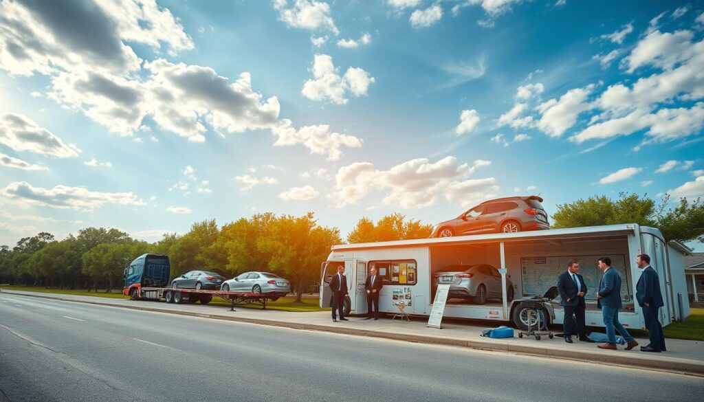 A bustling scene of car shipping and auto transport in Mamou, Louisiana, showcasing a sleek transport truck, branded with "Best Car Shipping Inc," loaded with a variety of vehicles, including sedans and SUVs. In the foreground, the truck is parked beside a well-maintained road lined with green trees typical of Louisiana's landscape. The middle ground features a small local office with professional individuals in business attire discussing shipping logistics, surrounded by maps and vehicle models. In the background, the iconic Louisiana sky is a vibrant blue with scattered clouds, and the sun casts a warm glow over the scene, evoking a sense of reliability and professionalism. The angle captures a dynamic perspective of the entire operation with a balanced composition, ensuring a welcoming and industrious atmosphere. A bustling scene of car shipping and auto transport in Mamou, Louisiana, showcasing a sleek transport truck, branded with "Best Car Shipping Inc," loaded with a variety of vehicles, including sedans and SUVs. In the foreground, the truck is parked beside a well-maintained road lined with green trees typical of Louisiana's landscape. The middle ground features a small local office with professional individuals in business attire discussing shipping logistics, surrounded by maps and vehicle models. In the background, the iconic Louisiana sky is a vibrant blue with scattered clouds, and the sun casts a warm glow over the scene, evoking a sense of reliability and professionalism. The angle captures a dynamic perspective of the entire operation with a balanced composition, ensuring a welcoming and industrious atmosphere.